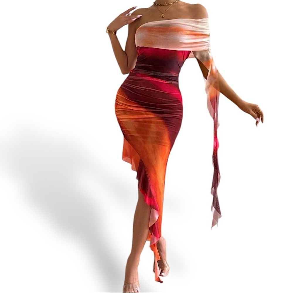 Asymmetric Summer Sunset Tie-Dyed Dress Ruffled Slim Fit